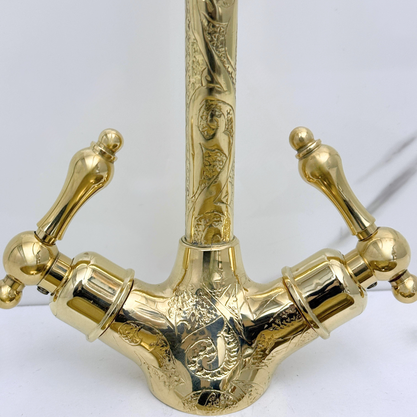 Unlacquered Brass Engraved Gooseneck Single Hole Faucet with Lever Handles