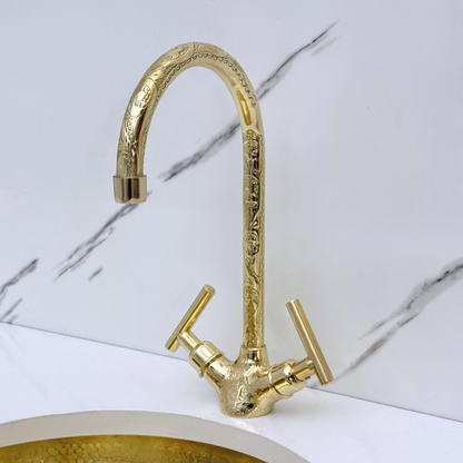 Unlacquered Brass Engraved Gooseneck Single Hole Faucet with Lever Handles