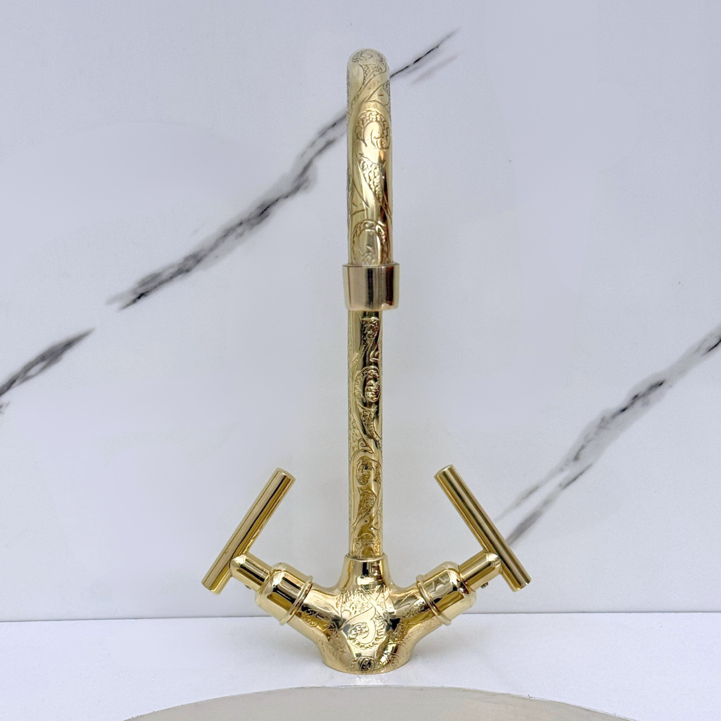 Unlacquered Brass Engraved Gooseneck Single Hole Faucet with Lever Handles