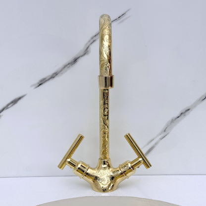 Unlacquered Brass Engraved Gooseneck Single Hole Faucet with Lever Handles