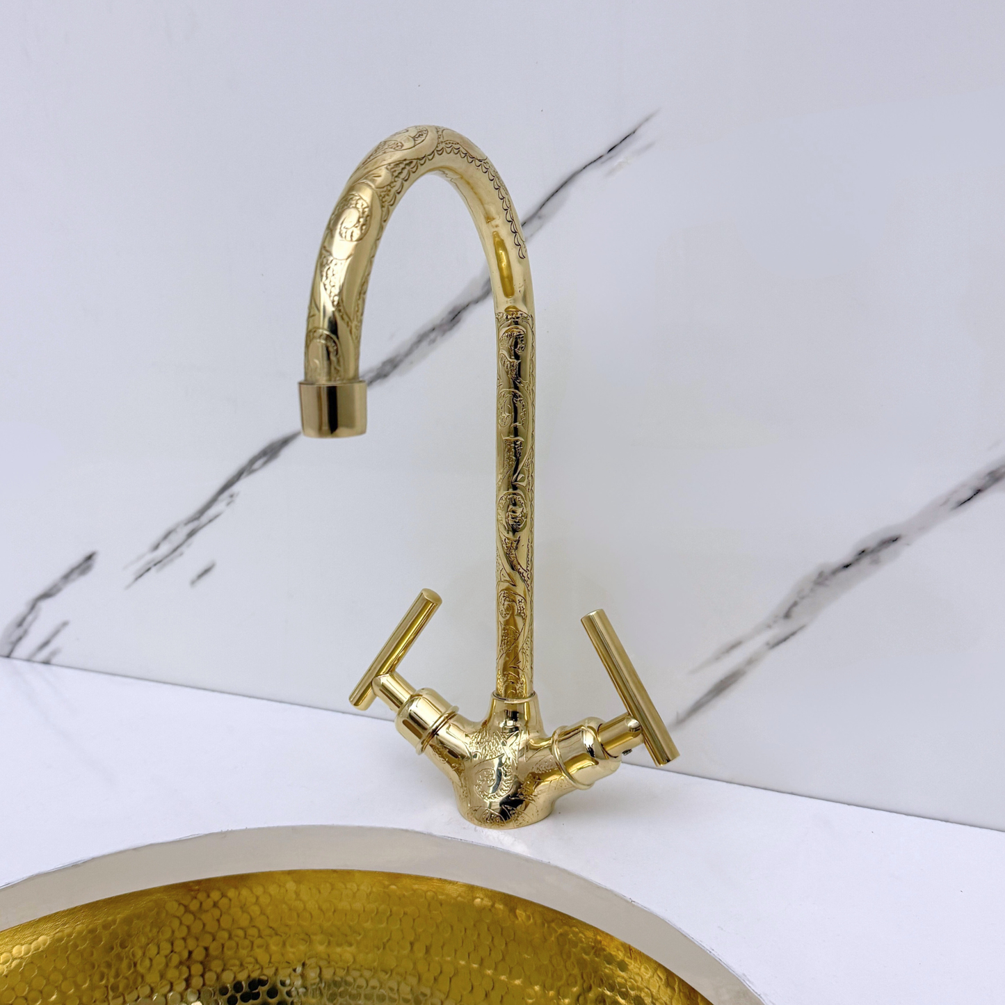 Unlacquered Brass Engraved Gooseneck Single Hole Faucet with Lever Handles