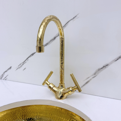 Unlacquered Brass Engraved Gooseneck Single Hole Faucet with Lever Handles