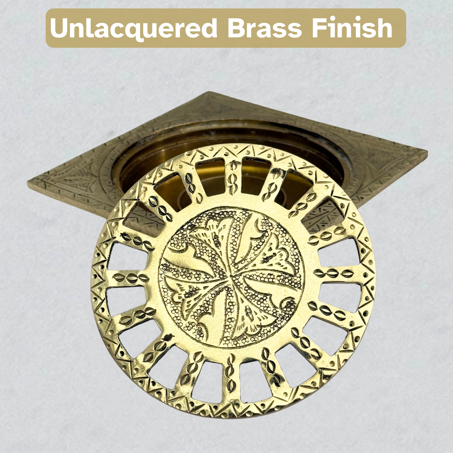 Unlacquered Brass Engraved Shower Drain with Removable Cover, Solid Brass Square Shower Drain