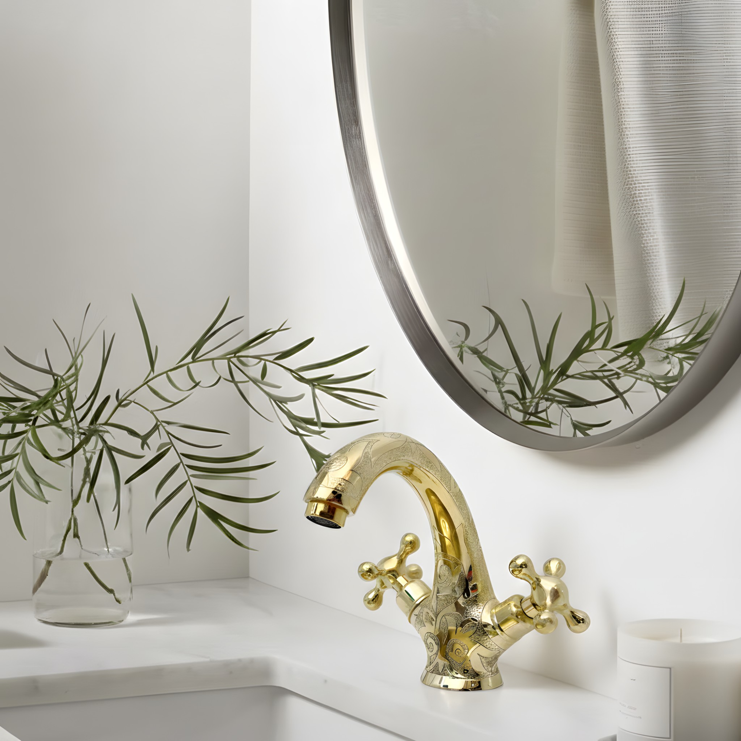 Unlacquered Brass Engraved Single Hole Bathroom Faucet with Cross Handles