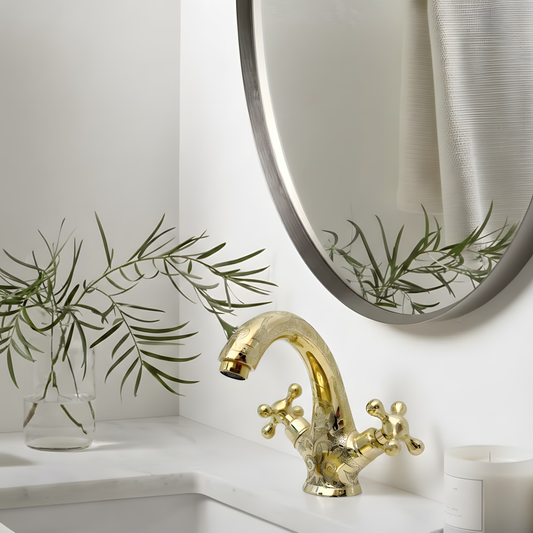 Unlacquered Brass Engraved Single Hole Bathroom Faucet with Cross Handles