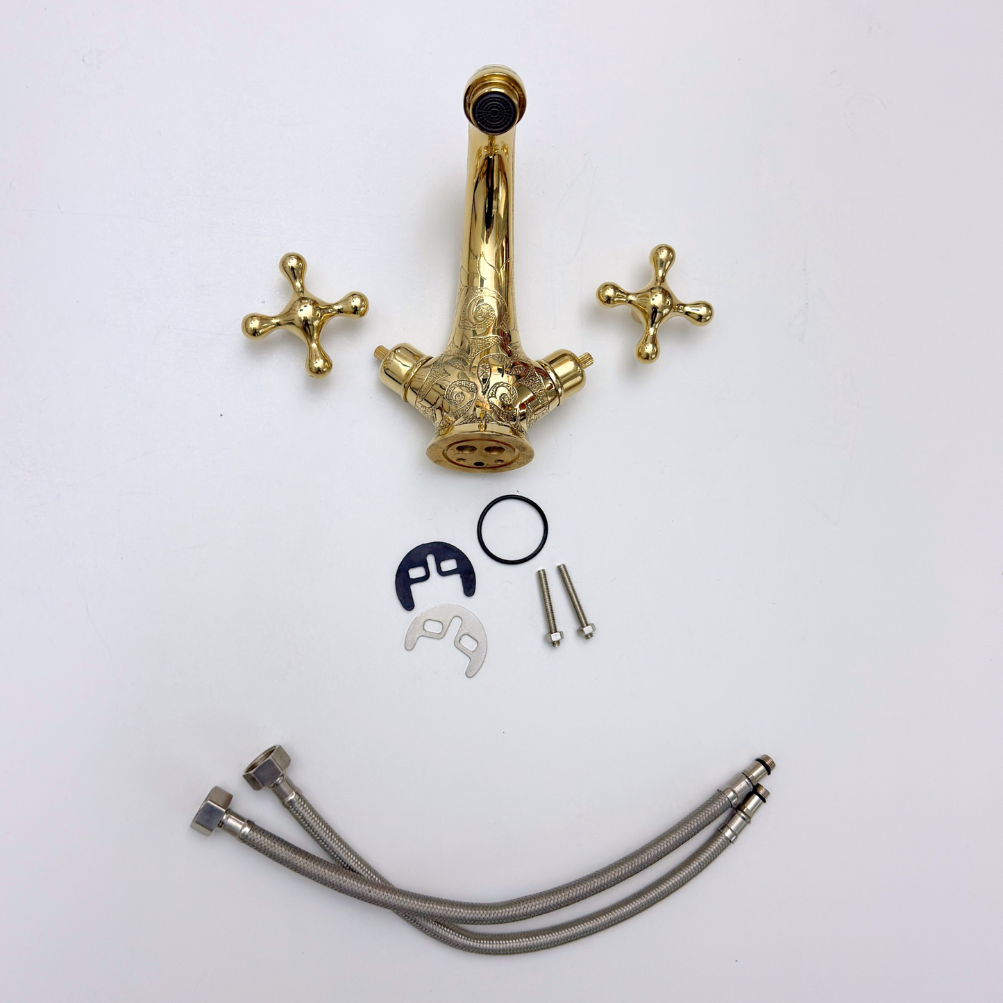 Unlacquered Brass Engraved Single Hole Bathroom Faucet with Cross Handles