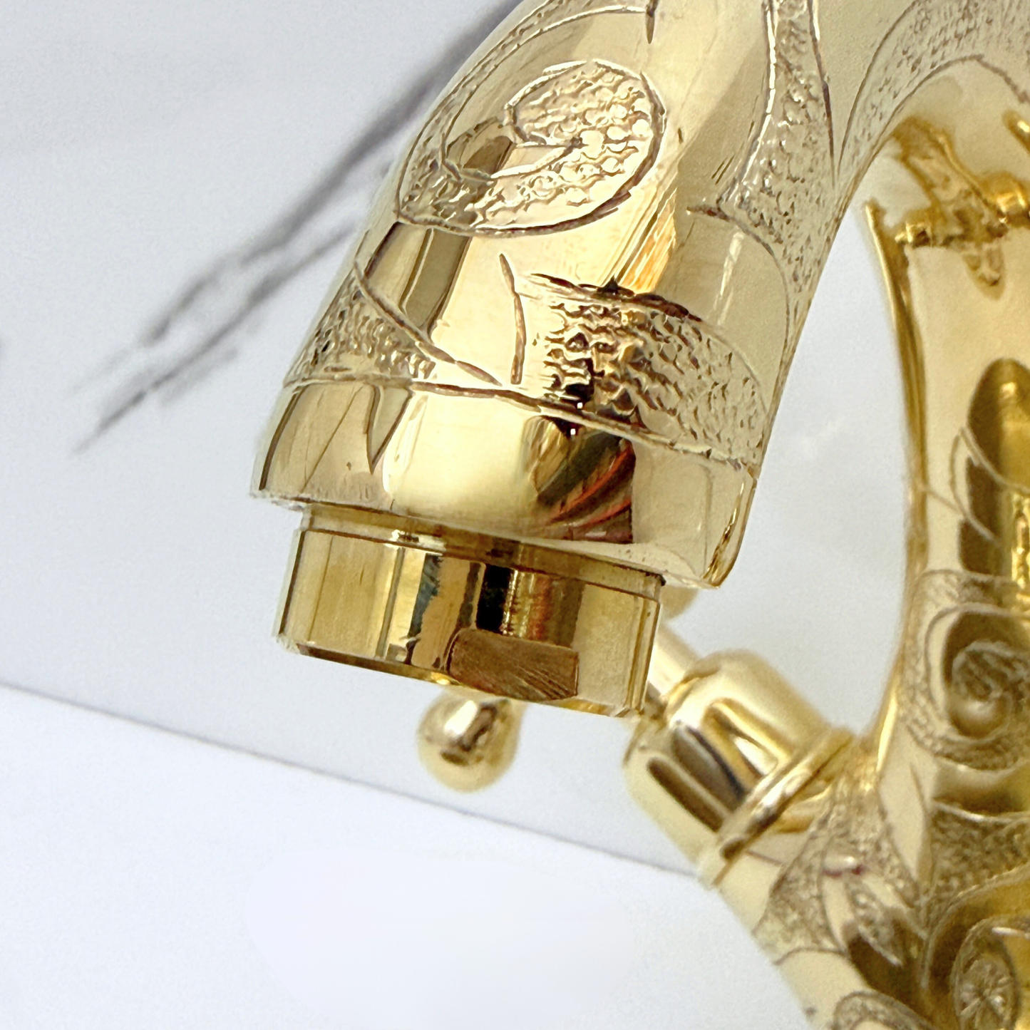 Unlacquered Brass Engraved Single Hole Bathroom Faucet with Cross Handles