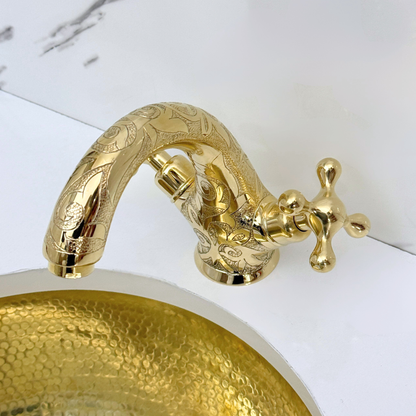Unlacquered Brass Engraved Single Hole Bathroom Faucet with Cross Handles