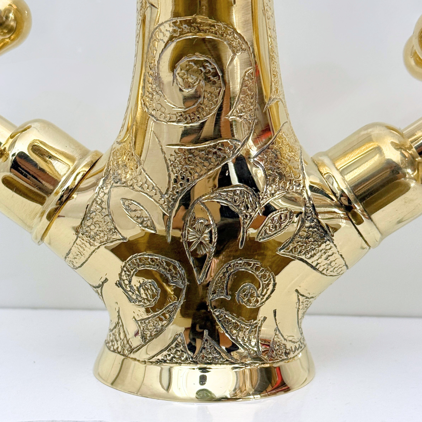 Unlacquered Brass Engraved Single Hole Bathroom Faucet with Cross Handles