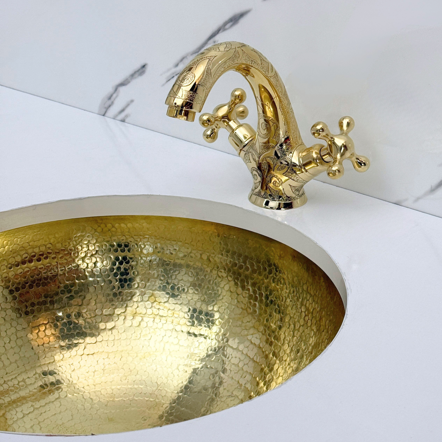 Unlacquered Brass Engraved Single Hole Bathroom Faucet with Cross Handles