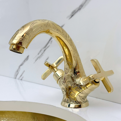 Unlacquered Brass Engraved Single Hole Bathroom Faucet with Cross Handles