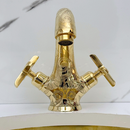 Unlacquered Brass Engraved Single Hole Bathroom Faucet with Cross Handles