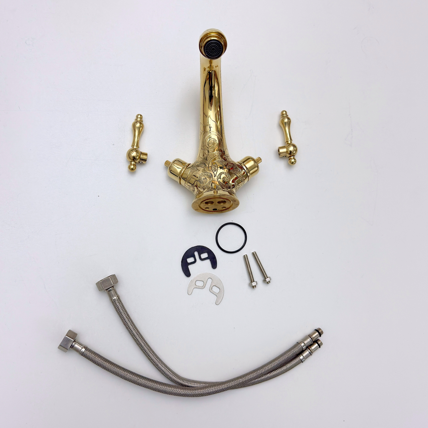 Unlacquered Brass Engraved Single Hole Bathroom Faucet with Lever Handles