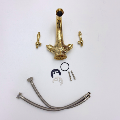 Unlacquered Brass Engraved Single Hole Bathroom Faucet with Lever Handles