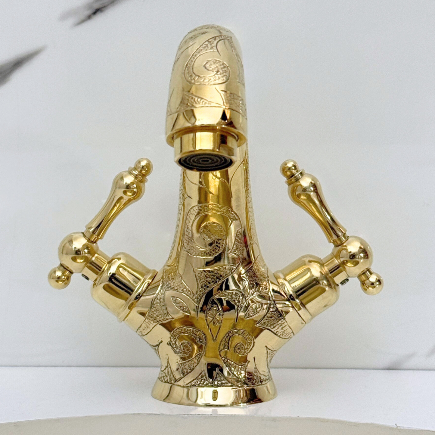 Unlacquered Brass Engraved Single Hole Bathroom Faucet with Lever Handles