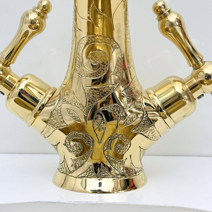 Unlacquered Brass Engraved Single Hole Bathroom Faucet with Lever Handles