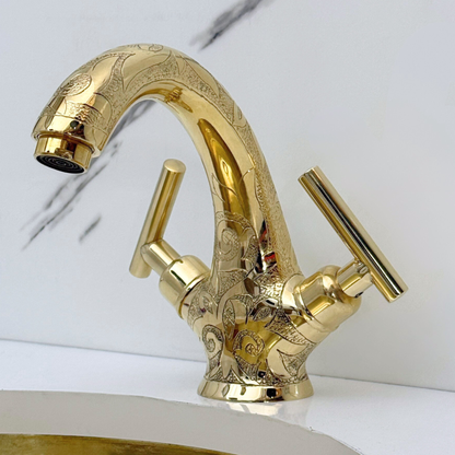 Unlacquered Brass Engraved Single Hole Bathroom Faucet with Lever Handles