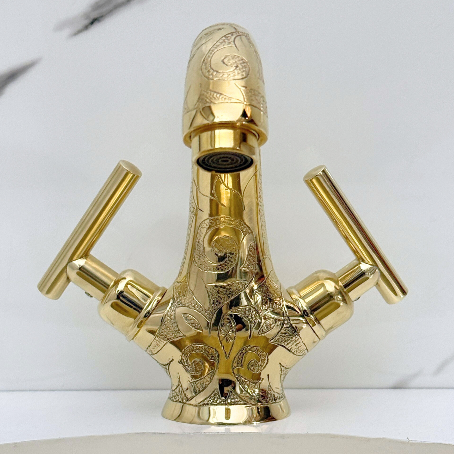 Unlacquered Brass Engraved Single Hole Bathroom Faucet with Lever Handles
