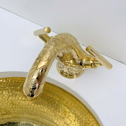 Unlacquered Brass Engraved Single Hole Bathroom Faucet with Lever Handles