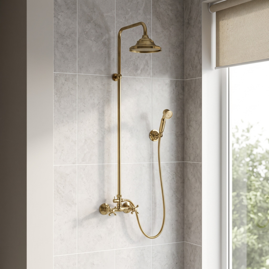 Unlacquered Brass Exposed Shower System with Rainfall Head & Handheld