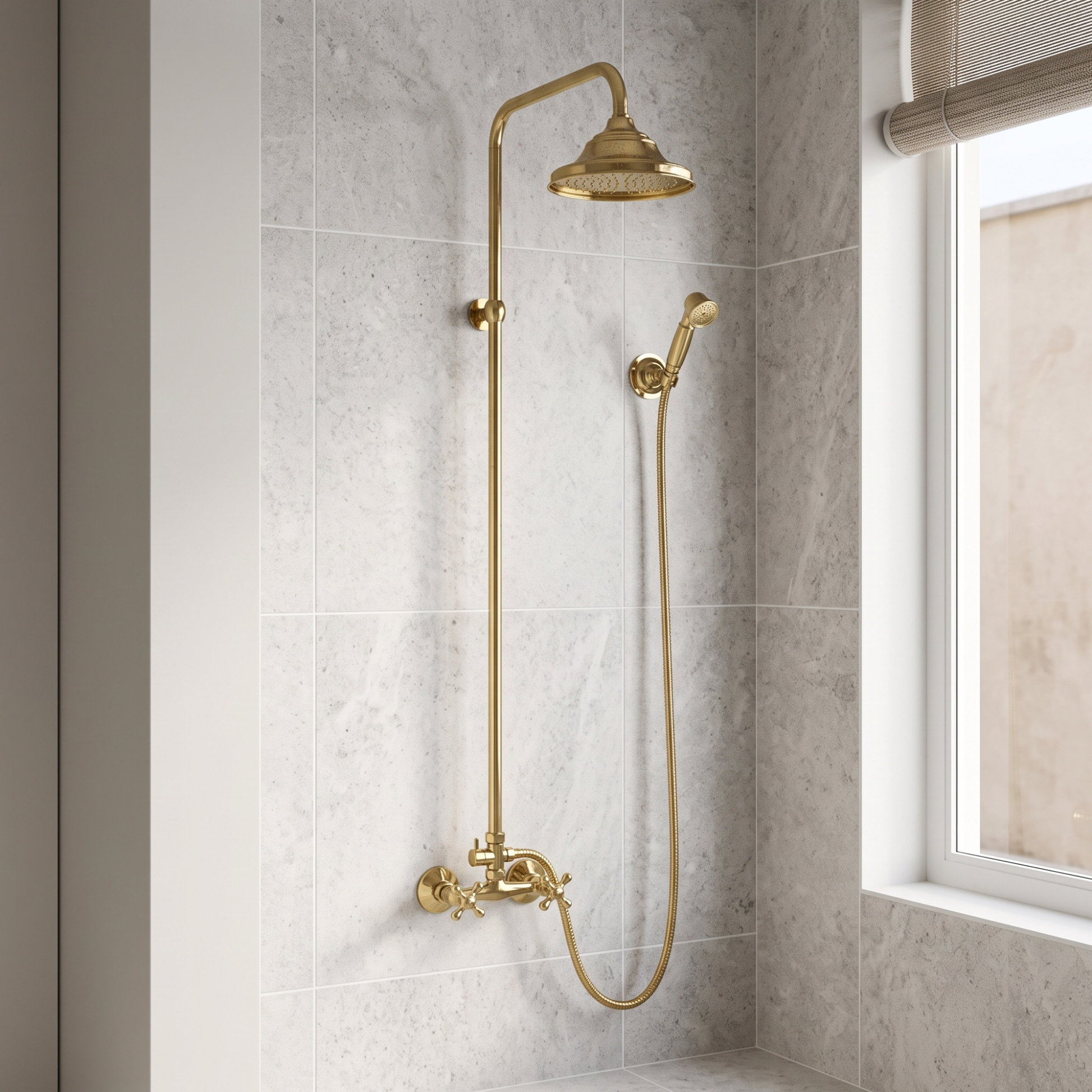Unlacquered Brass Exposed Shower System with Rainfall Head & Handheld