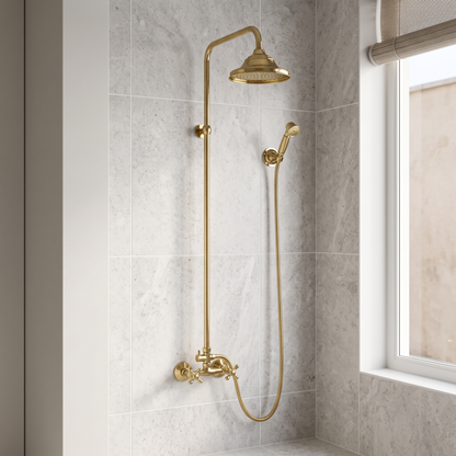 Unlacquered Brass Exposed Shower System with Rainfall Head & Handheld