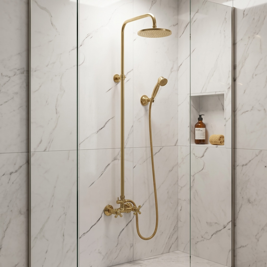 Unlacquered Brass Exposed Shower System with Flat Rainfall Head & Handheld