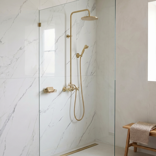 Unlacquered Brass Exposed Shower System with Flat Rainfall Head & Handheld