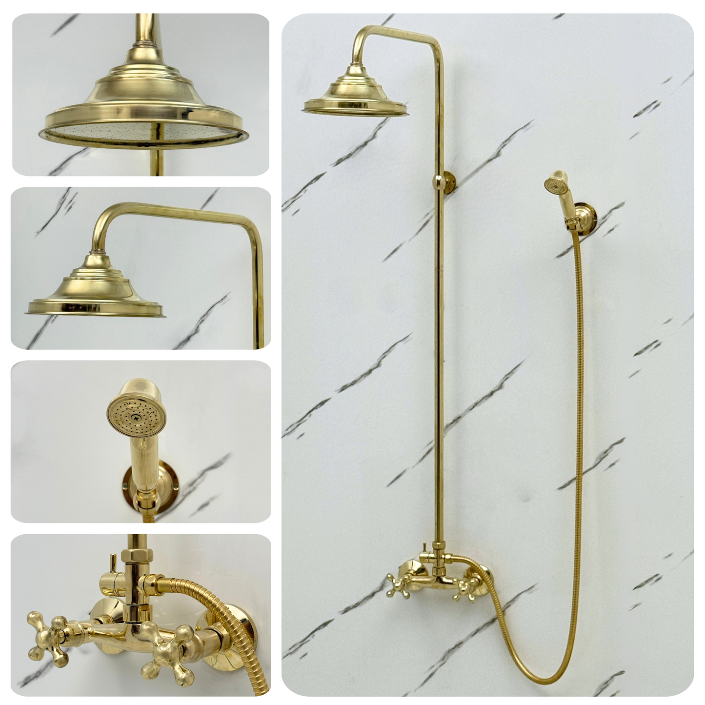Unlacquered Brass Exposed Shower System with Rainfall Head & Handheld