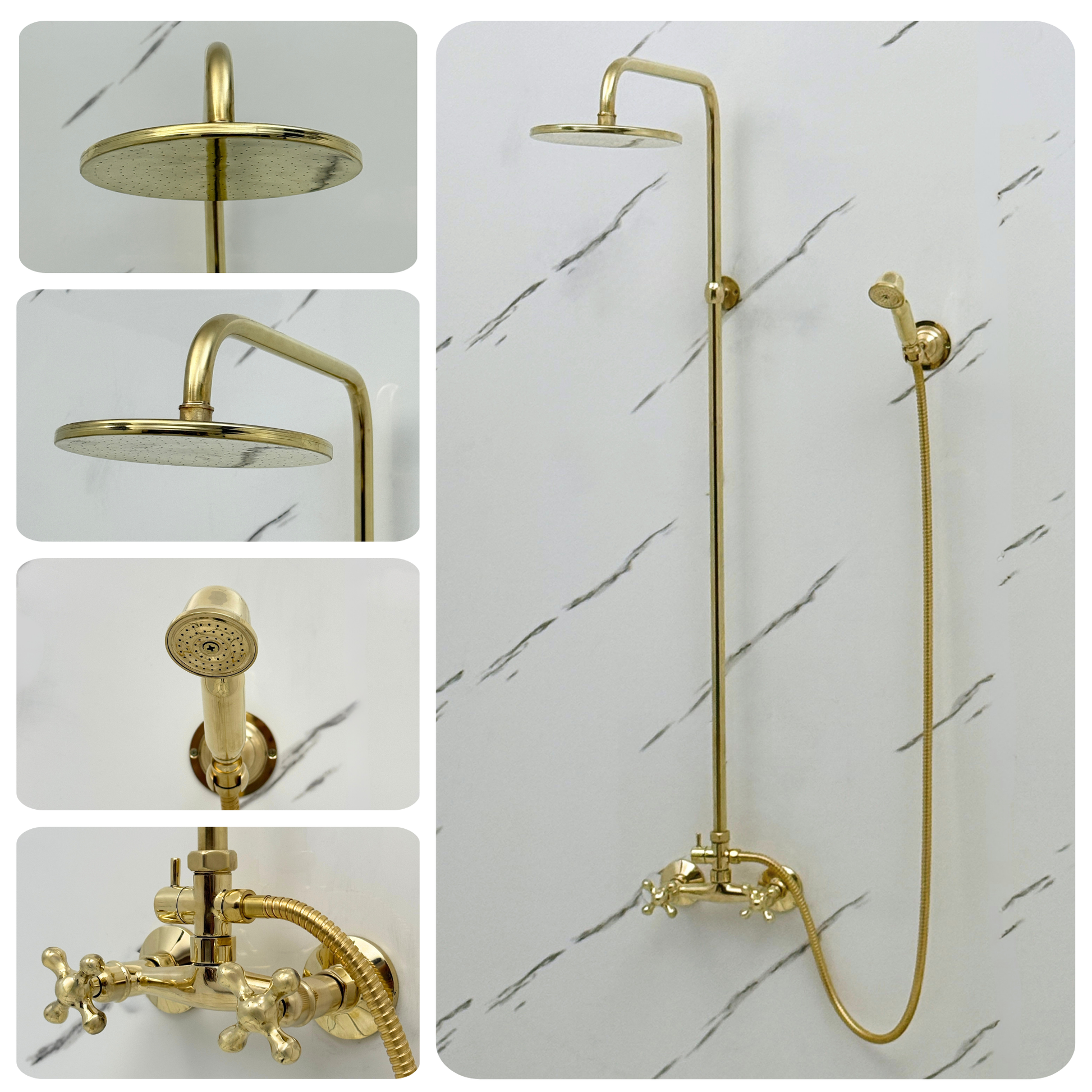 Unlacquered Brass Exposed Shower System with Flat Rainfall Head & Handheld