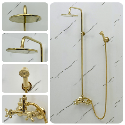 Unlacquered Brass Exposed Shower System with Flat Rainfall Head & Handheld