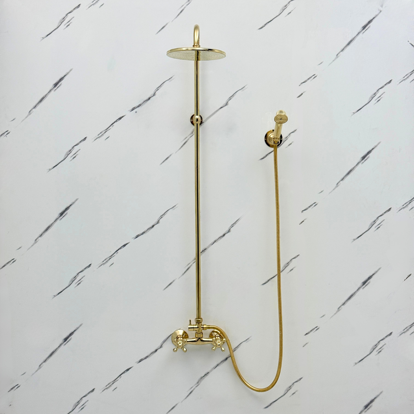 Unlacquered Brass Exposed Shower System with Flat Rainfall Head & Handheld
