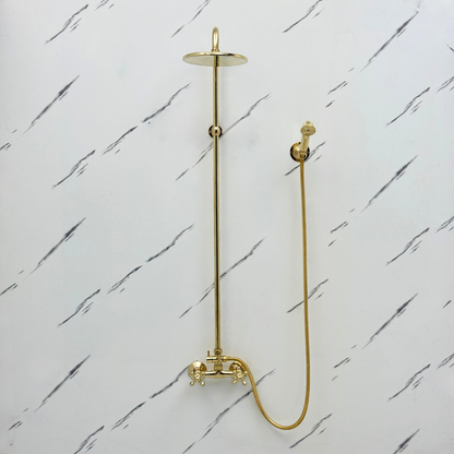Unlacquered Brass Exposed Shower System with Flat Rainfall Head & Handheld
