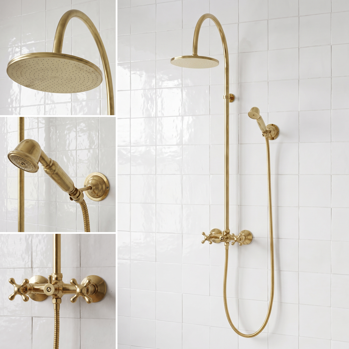 Unlacquered Brass Exposed Shower System with Handheld Shower