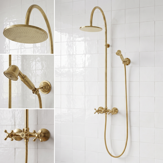 Unlacquered Brass Exposed Shower System with Handheld Shower