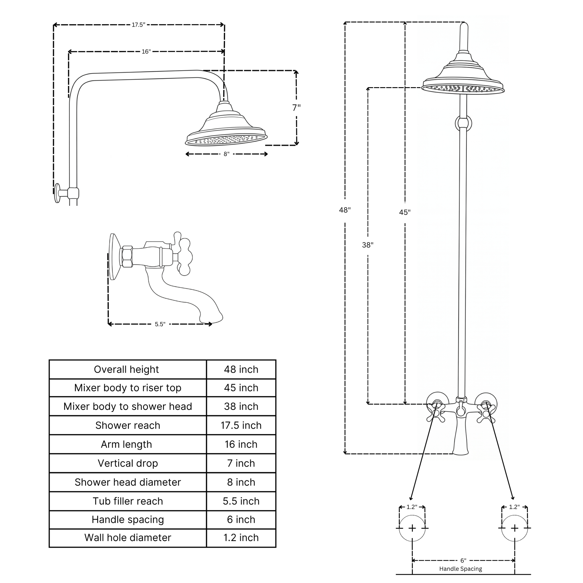Unlacquered Brass Exposed Shower System with Rainfall Head Tub Filler