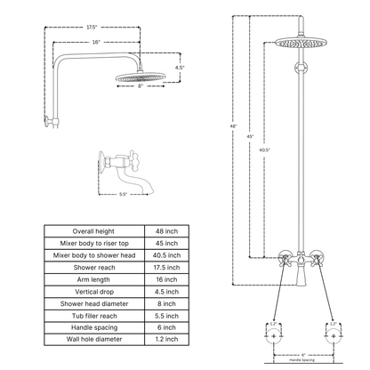 Unlacquered Brass Exposed Shower System with Rainfall Head & Tub Filler