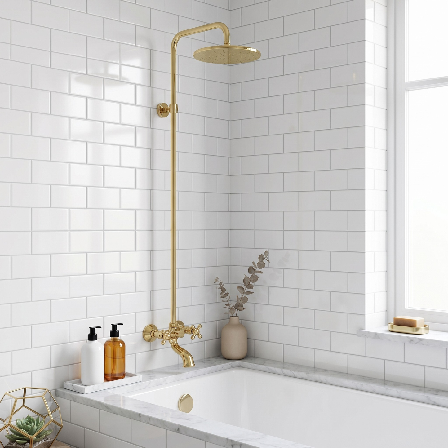 Unlacquered Brass Exposed Shower System with Rainfall Head & Tub Filler