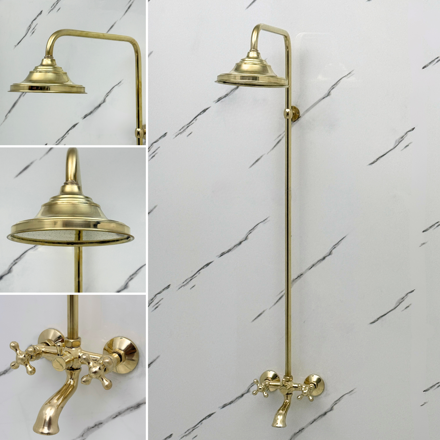 Unlacquered Brass Exposed Shower System with Rainfall Head Tub Filler