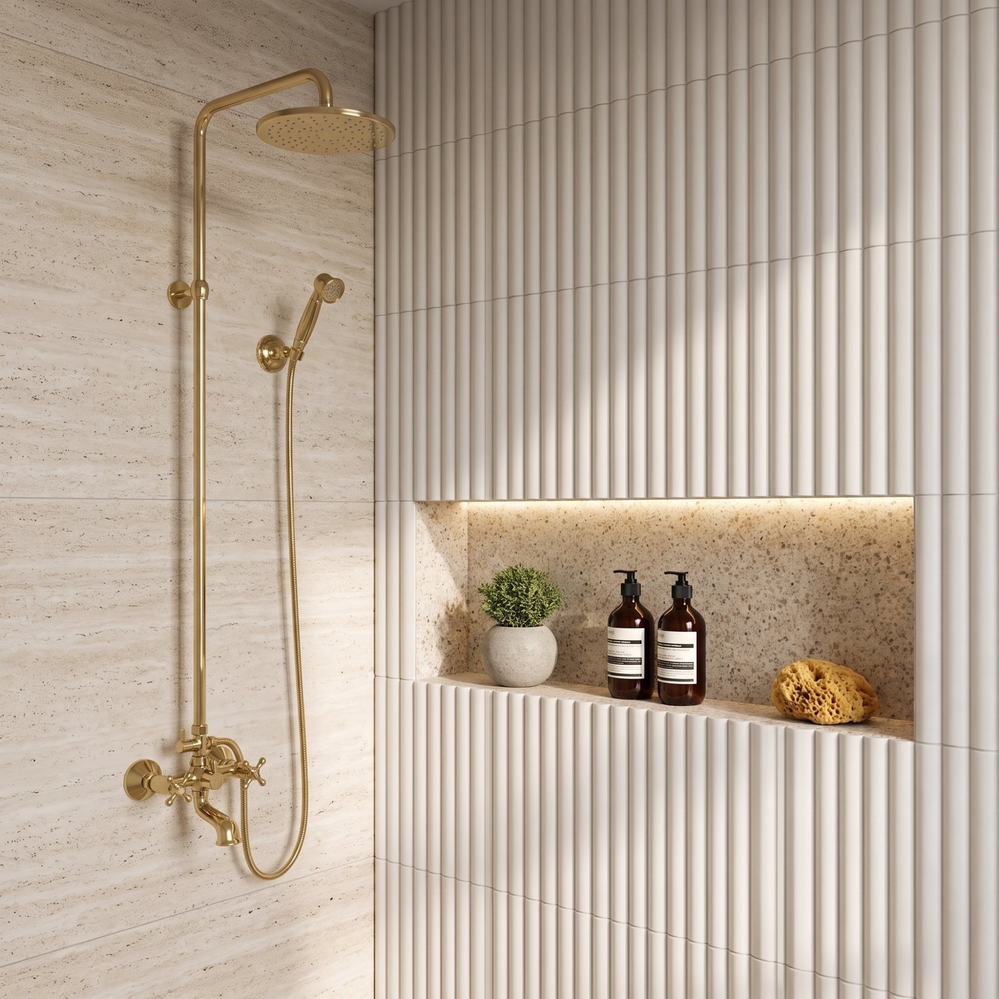 Unlacquered Brass Exposed Shower System with Rainfall Head, Handheld Shower & Tub Filler