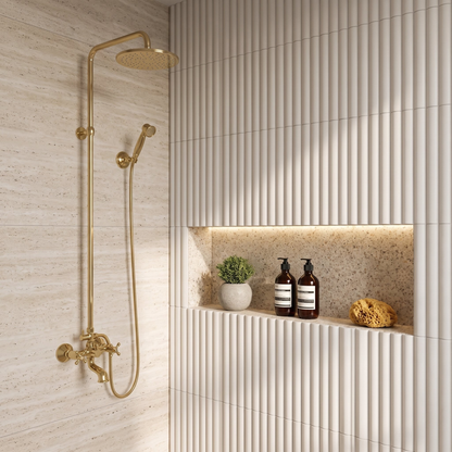 Unlacquered Brass Exposed Shower System with Rainfall Head, Handheld Shower & Tub Filler