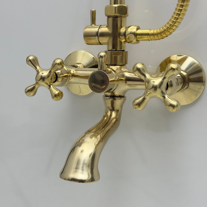 Unlacquered Brass Exposed Shower System with Rainfall Head, Handheld Shower & Tub Filler