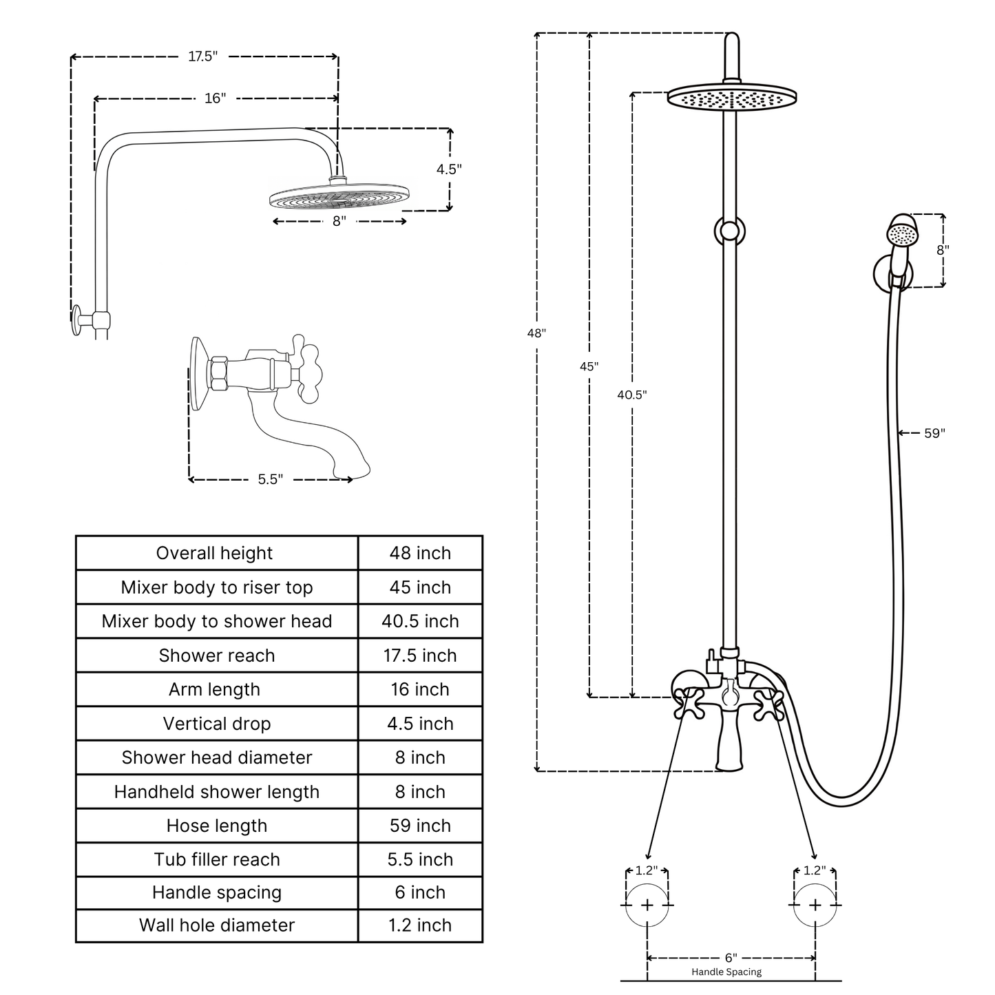 Unlacquered Brass Exposed Shower System with Rainfall Head, Handheld Shower & Tub Filler