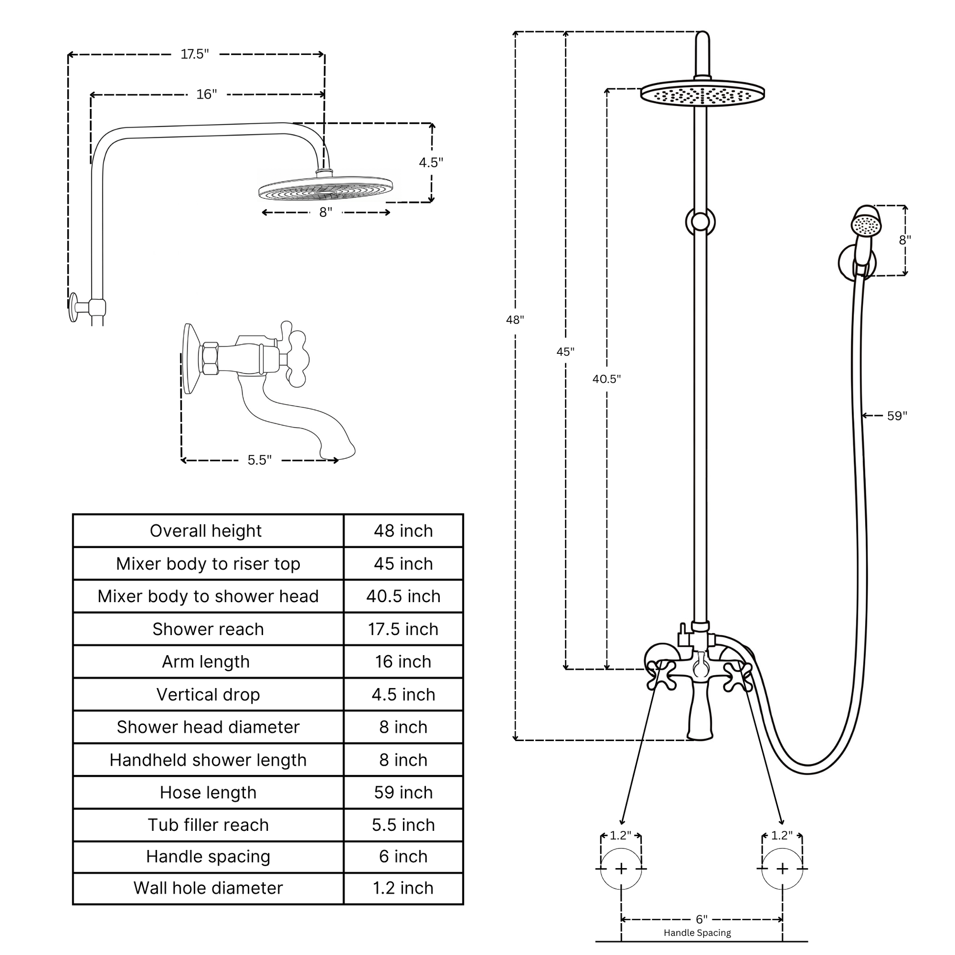 Unlacquered Brass Exposed Shower System with Rainfall Head, Handheld Shower & Tub Filler