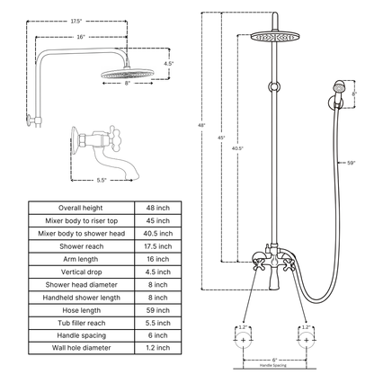 Unlacquered Brass Exposed Shower System with Rainfall Head, Handheld Shower & Tub Filler