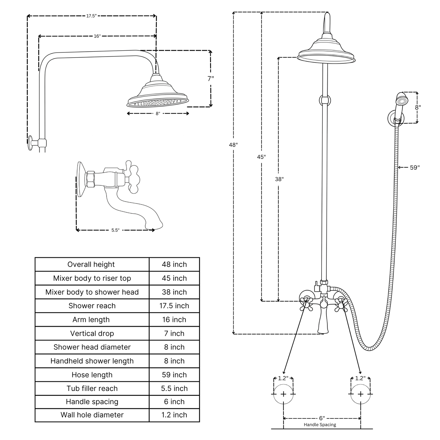 Unlacquered Brass Exposed Shower System with Rainfall Head, Handheld Shower & Tub Filler