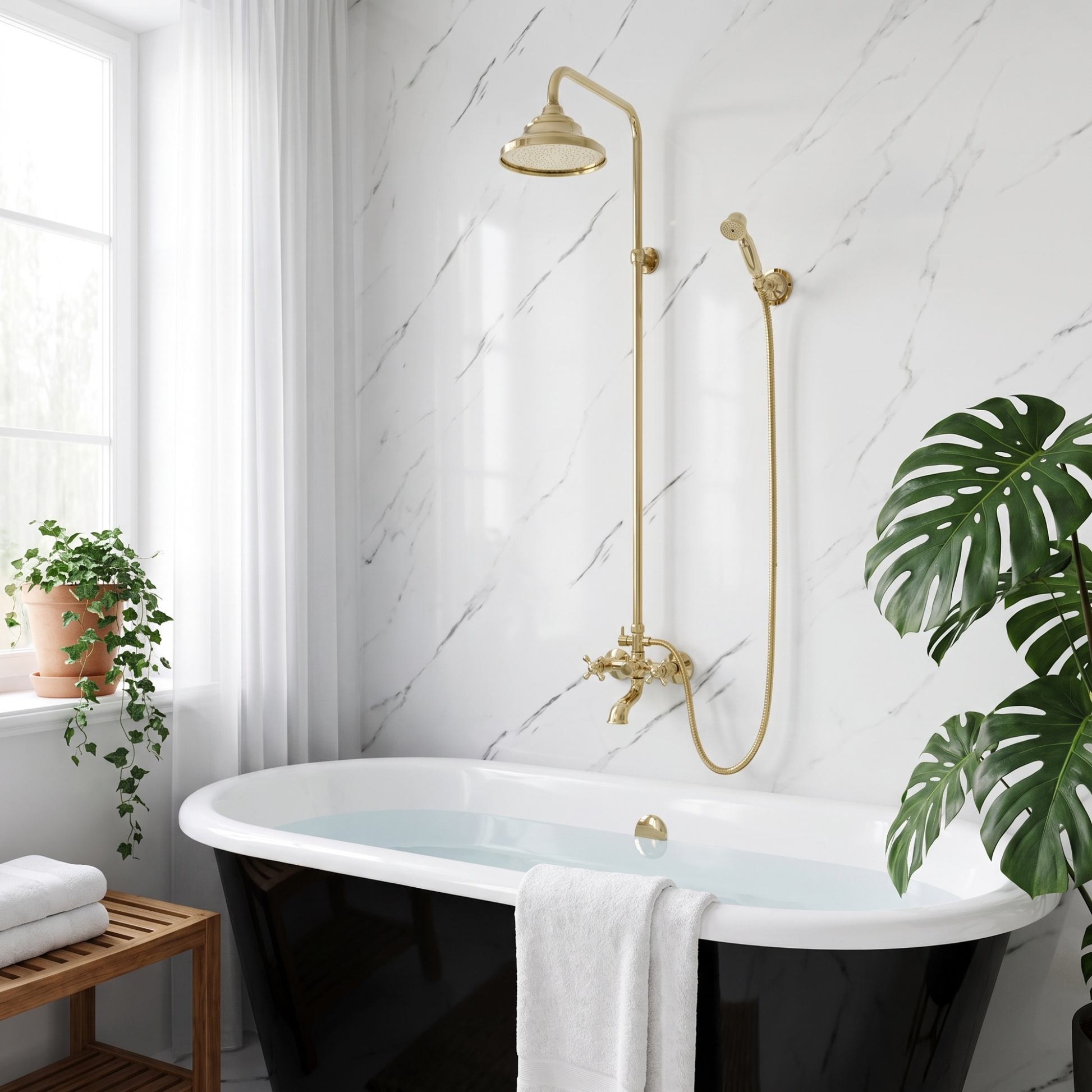 Unlacquered Brass Exposed Shower System with Rainfall Head, Handheld Shower & Tub Filler