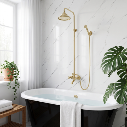 Unlacquered Brass Exposed Shower System with Rainfall Head, Handheld Shower & Tub Filler