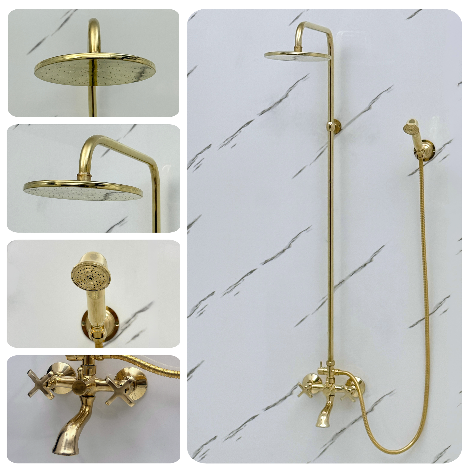 Unlacquered Brass Exposed Shower System with Rainfall Head, Handheld Shower & Tub Filler