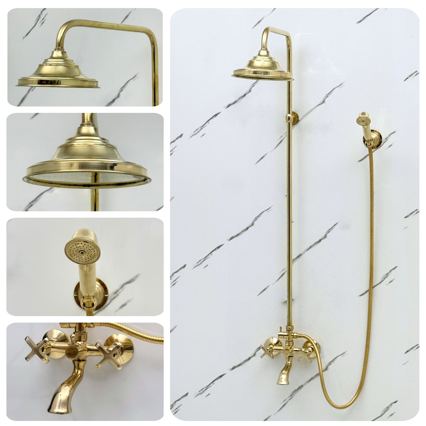 Unlacquered Brass Exposed Shower System with Rainfall Head, Handheld Shower & Tub Filler